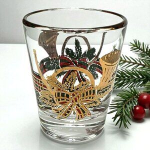 VTG Culver Christmas Shot Glass Yule French Horn 22K Gold MCM Plaid Bow Holiday